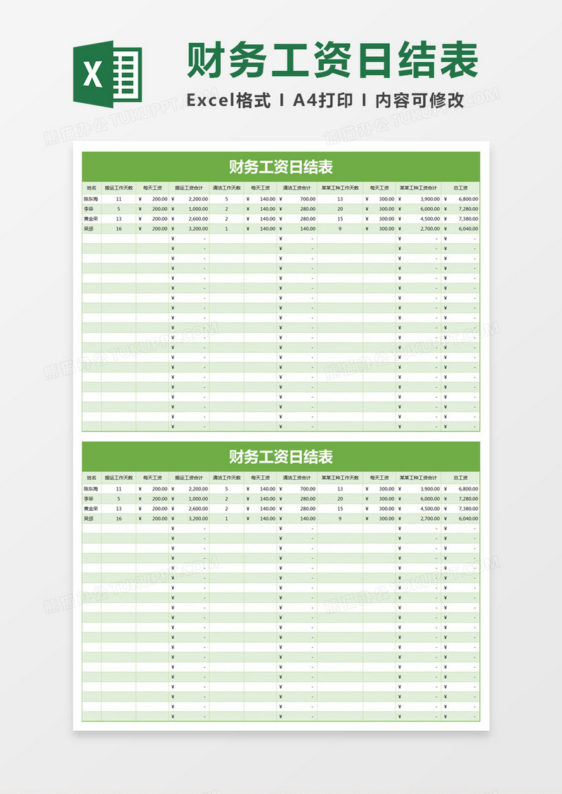 简约财务工资日结表excel模板