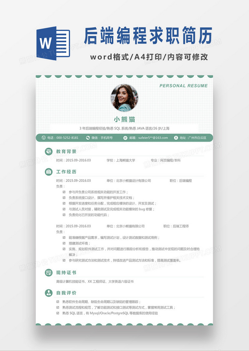 极简风后端编程网页编程求职简历个人简历简历word简历