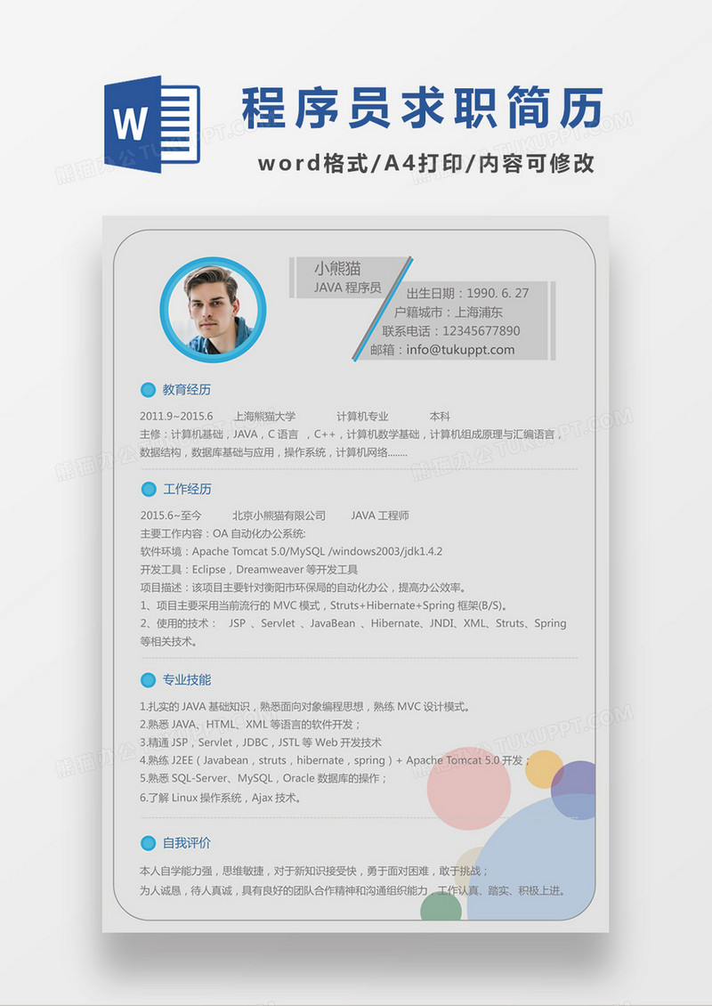 时尚简约java程序员求职简历word模板