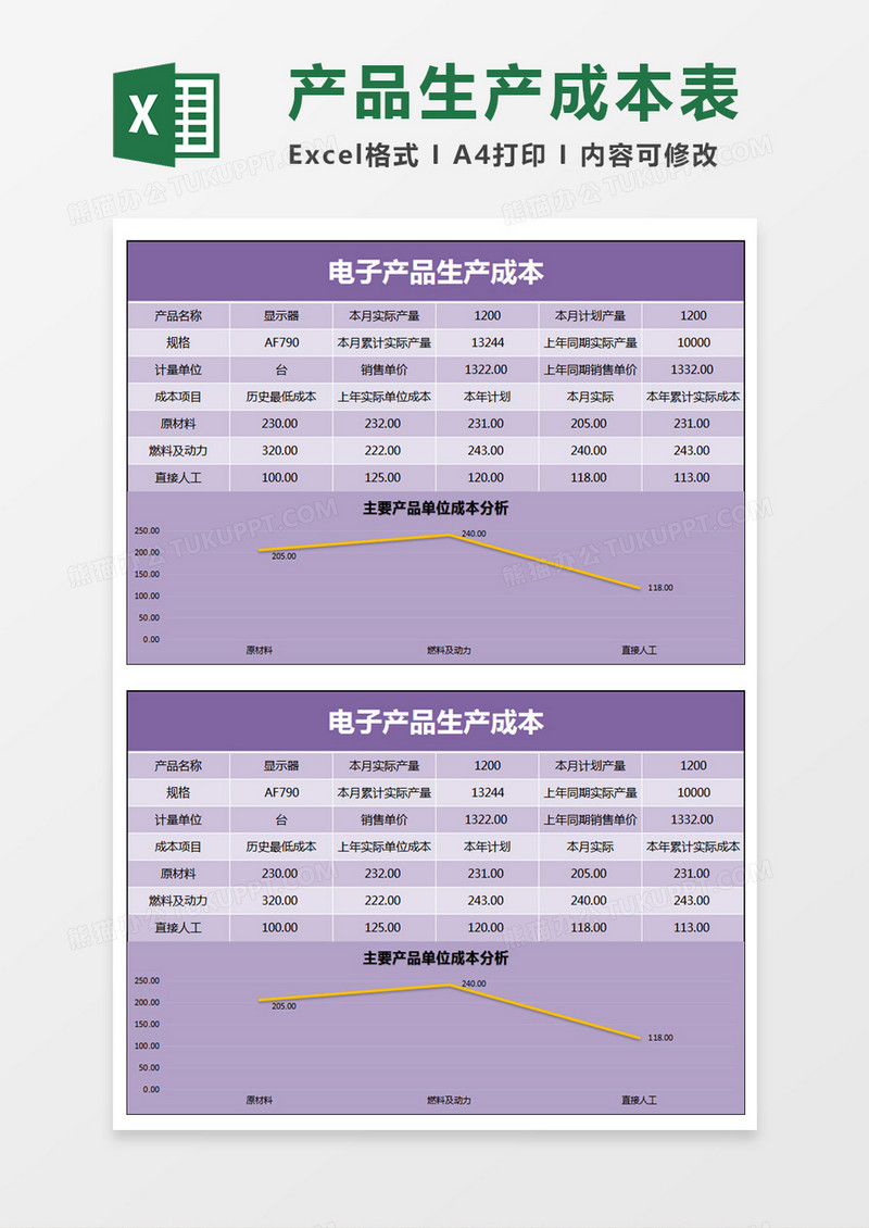 紫色产品生产成本表Excel模板