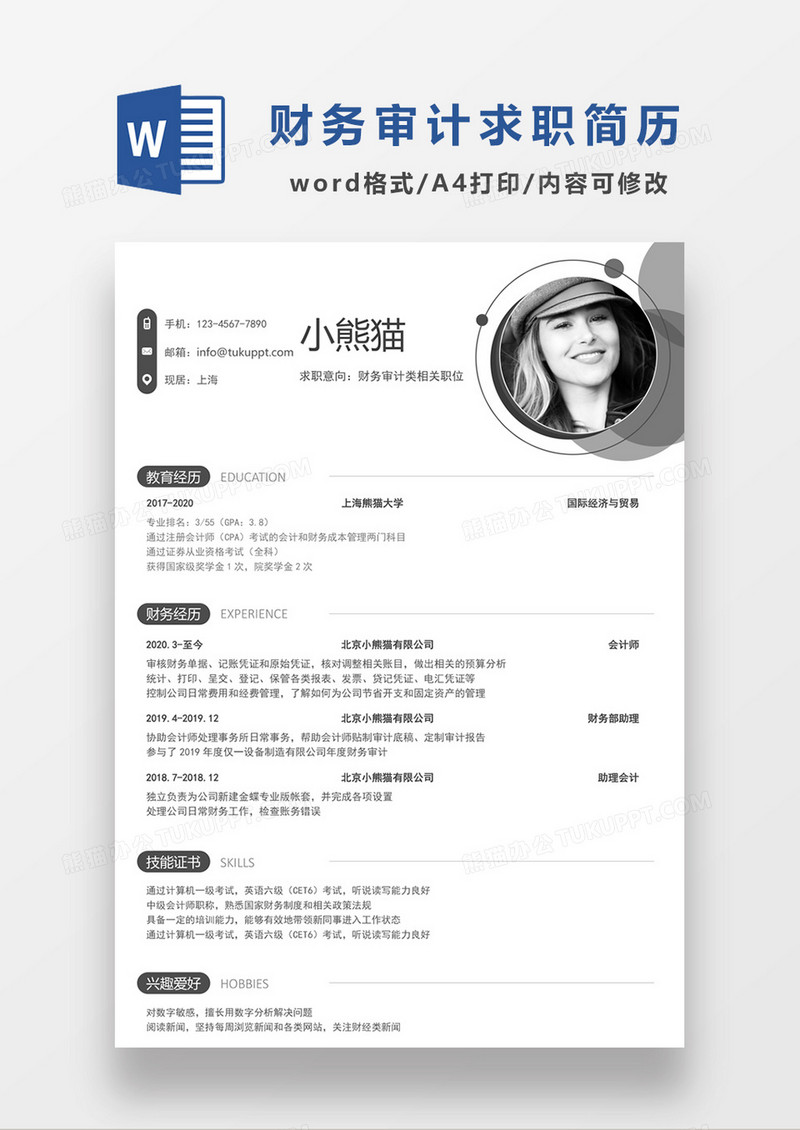 时尚线条风格财务审计求职简历word简历模板