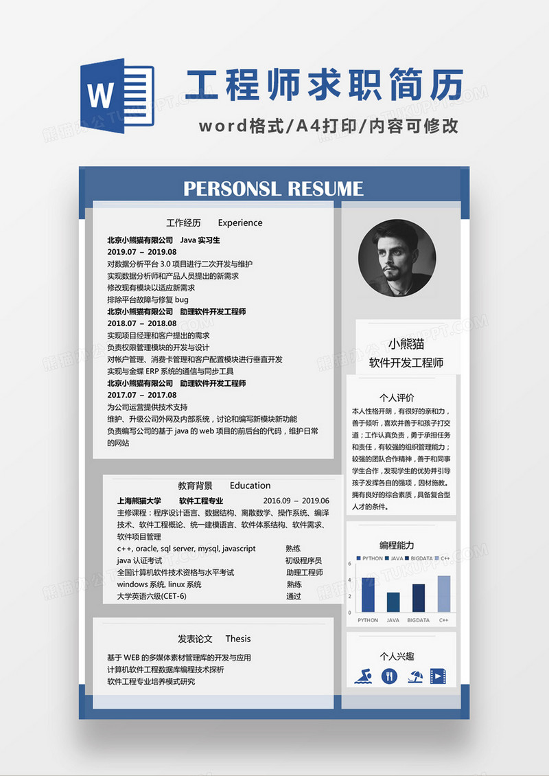 现代商务蓝色软件开发工程师求职简历word简历模板