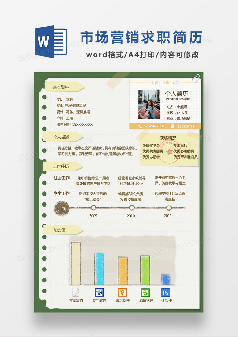 绿色简约风格市场营销求职简历word简历模板