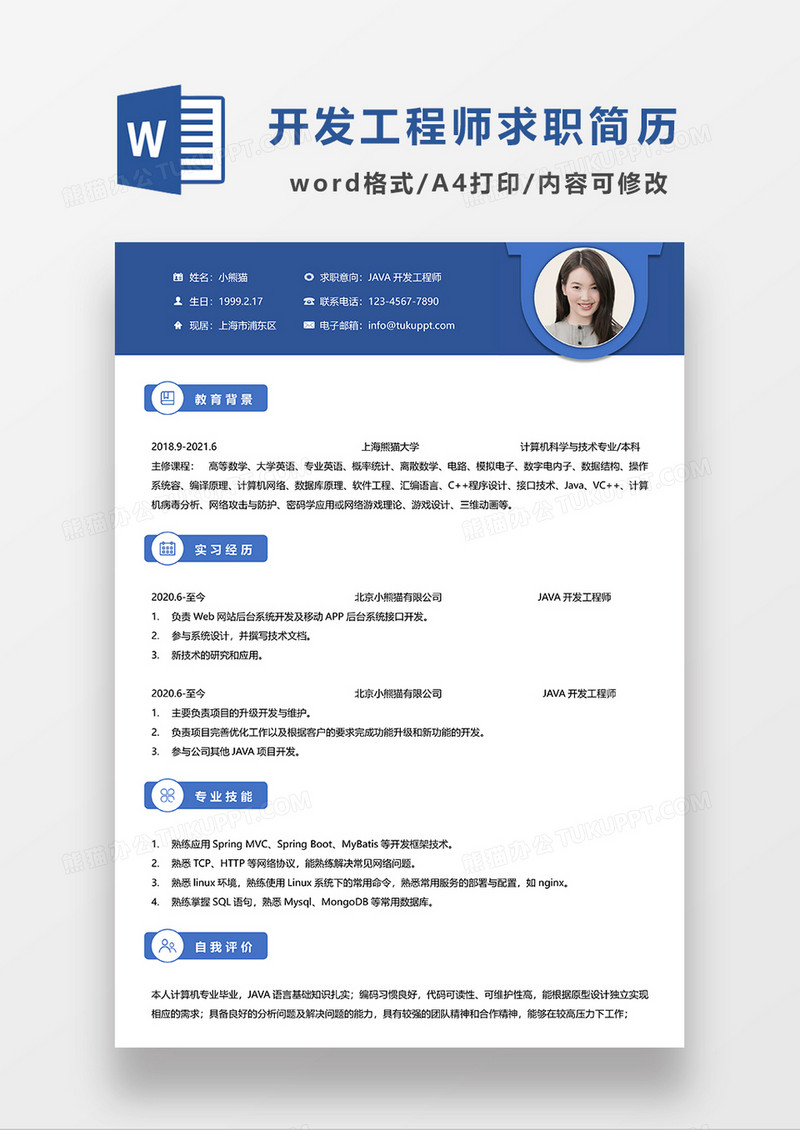 蓝色简约JAVA 开发工程师求职简历WORD模板