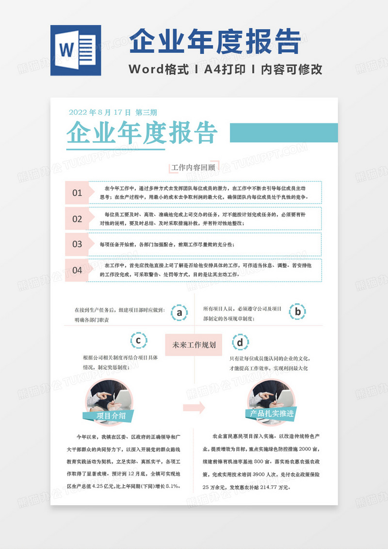 蓝色清新企业年度报告简报WORD模板