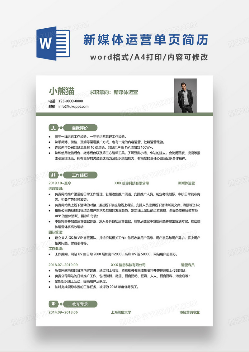 单页绿色简洁新媒体运营求职简历WORD模板