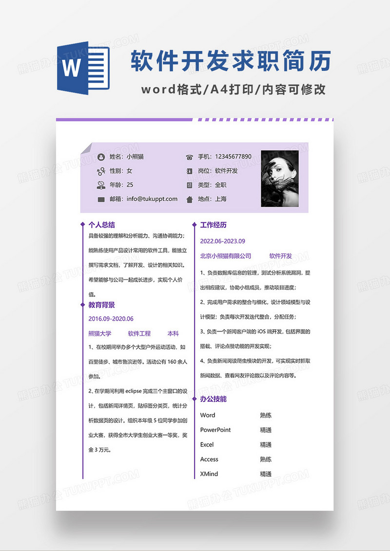 浅紫色简约软件开发求职简历WORD模板