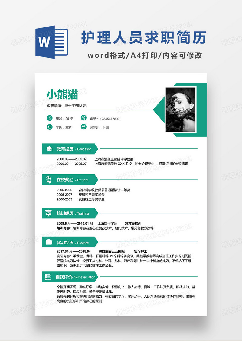 绿色经典简约护士护理人员求职简历WORD模板