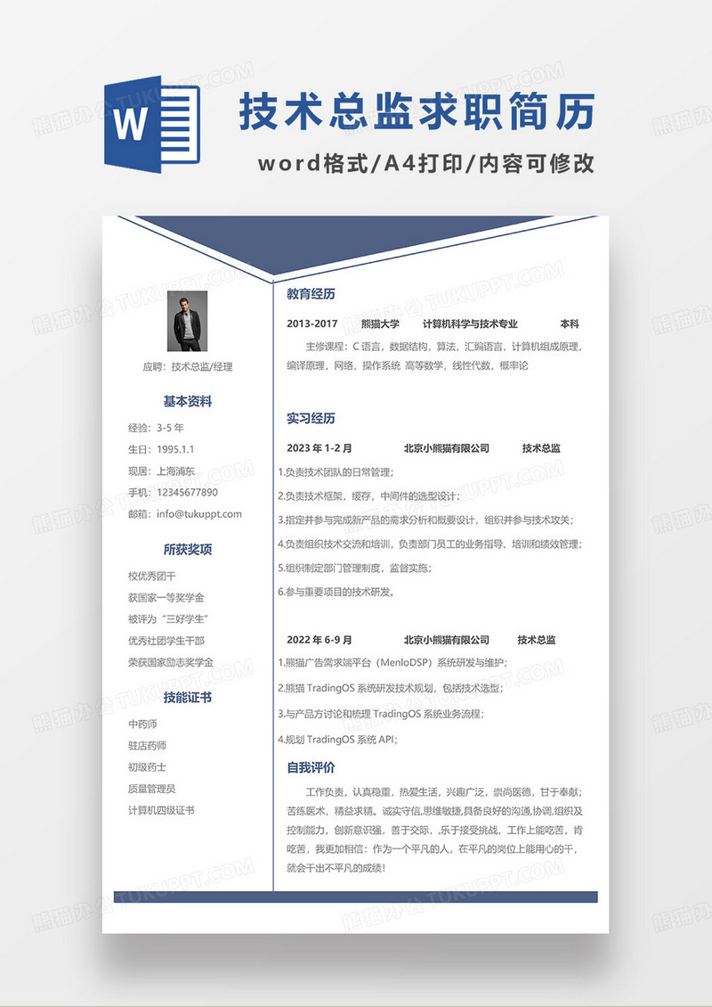 蓝色简约技术总监求职简历WORD模板