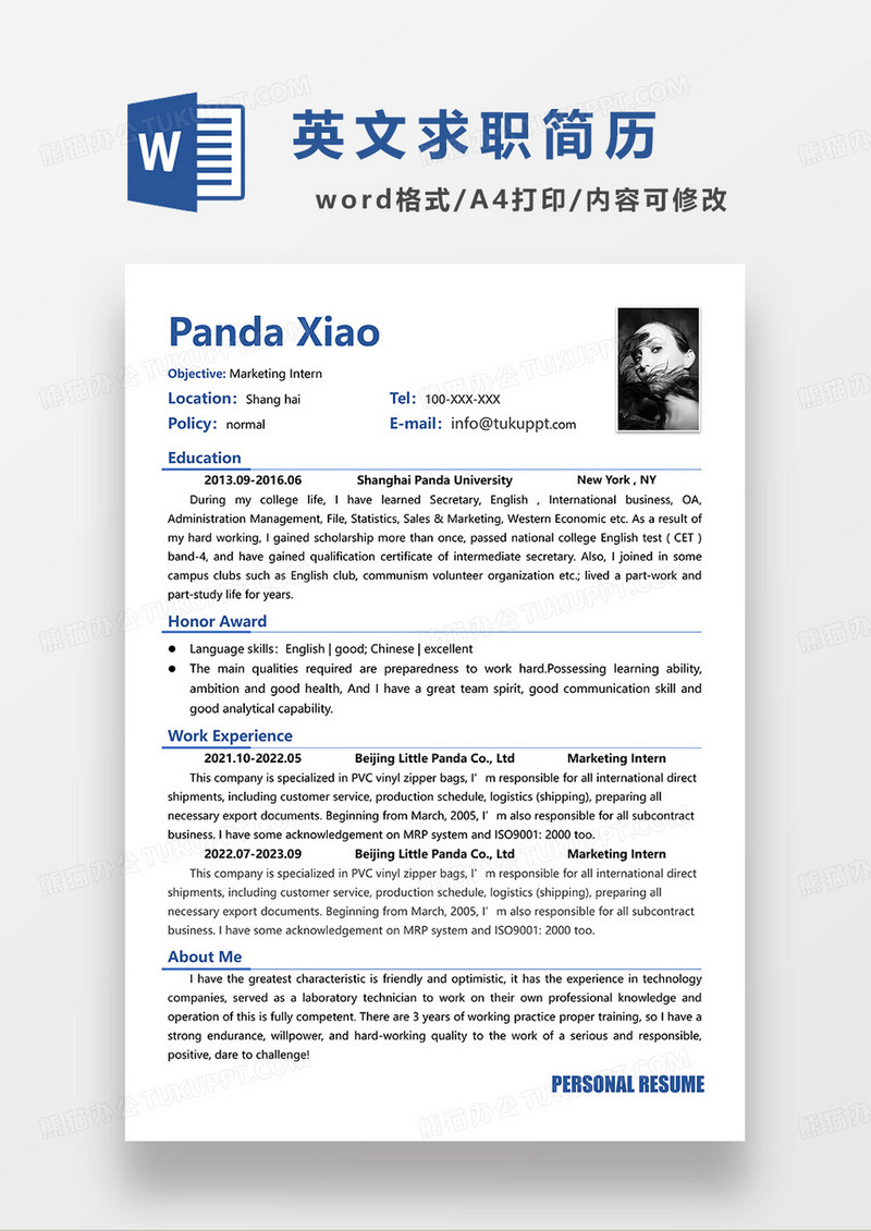 蓝色极简风市场部实习生英文简历WORD模板