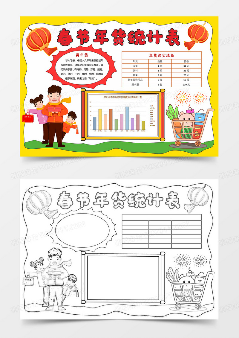 黄色卡通兔年年货清单手抄报春节年货支出统计表.