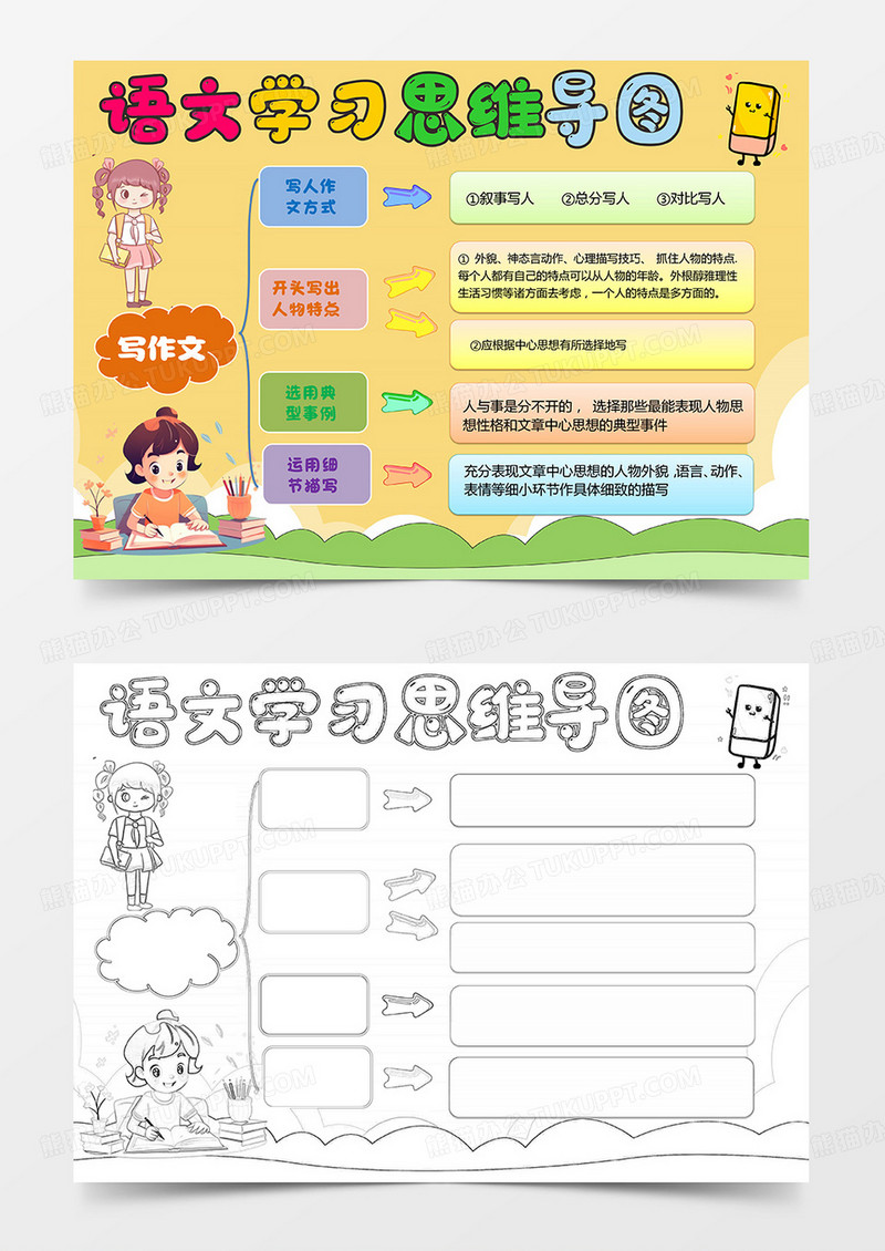 黄色卡通语文写作文思维导图小报学习手抄报