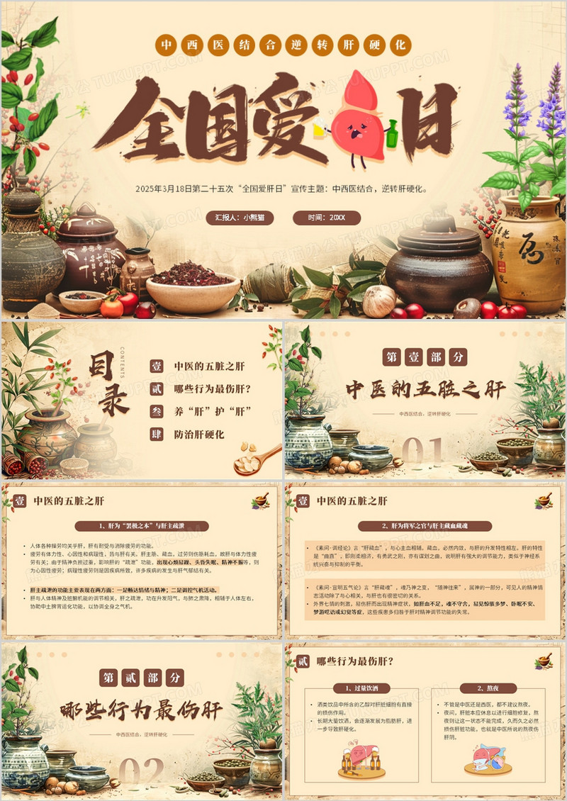 棕色中国风全国爱肝日宣传介绍PPT模板