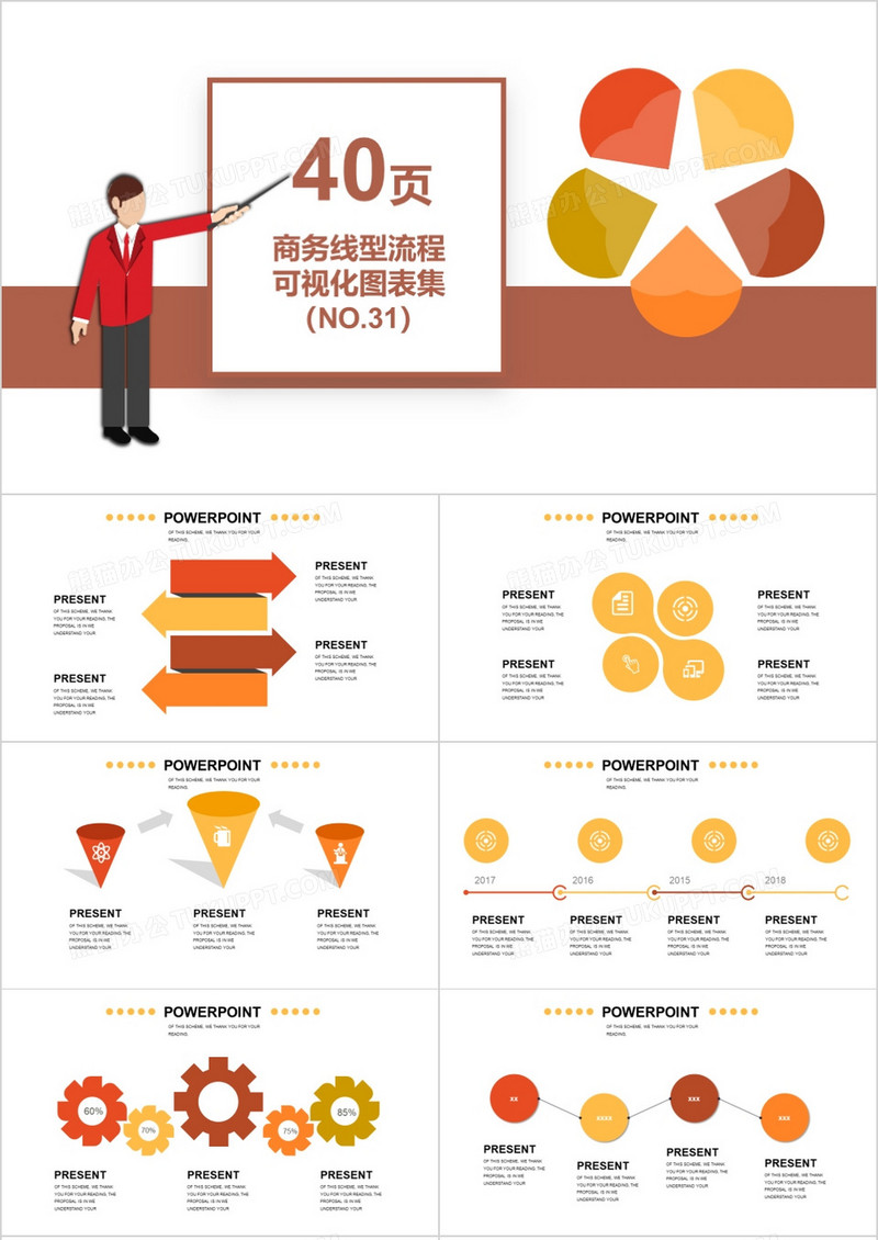 40页商务线型流程可视化图表集PPT模板