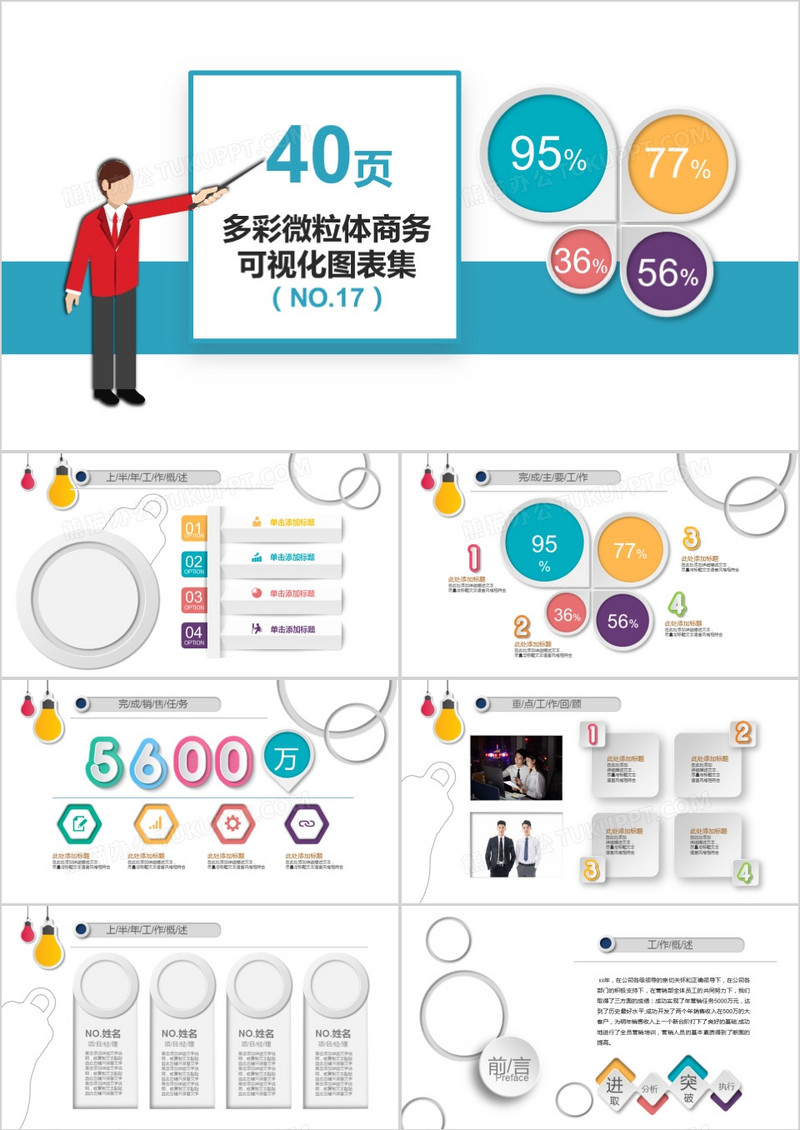 40页多彩微粒体商务可视化图表集PPT模板