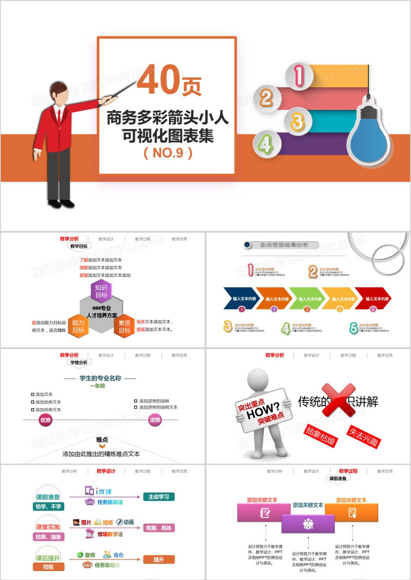 40页商务多彩箭头小人可视化图表集PPT模板