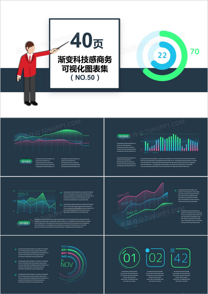 40页渐变科技感商务可视化图表集PPT模板