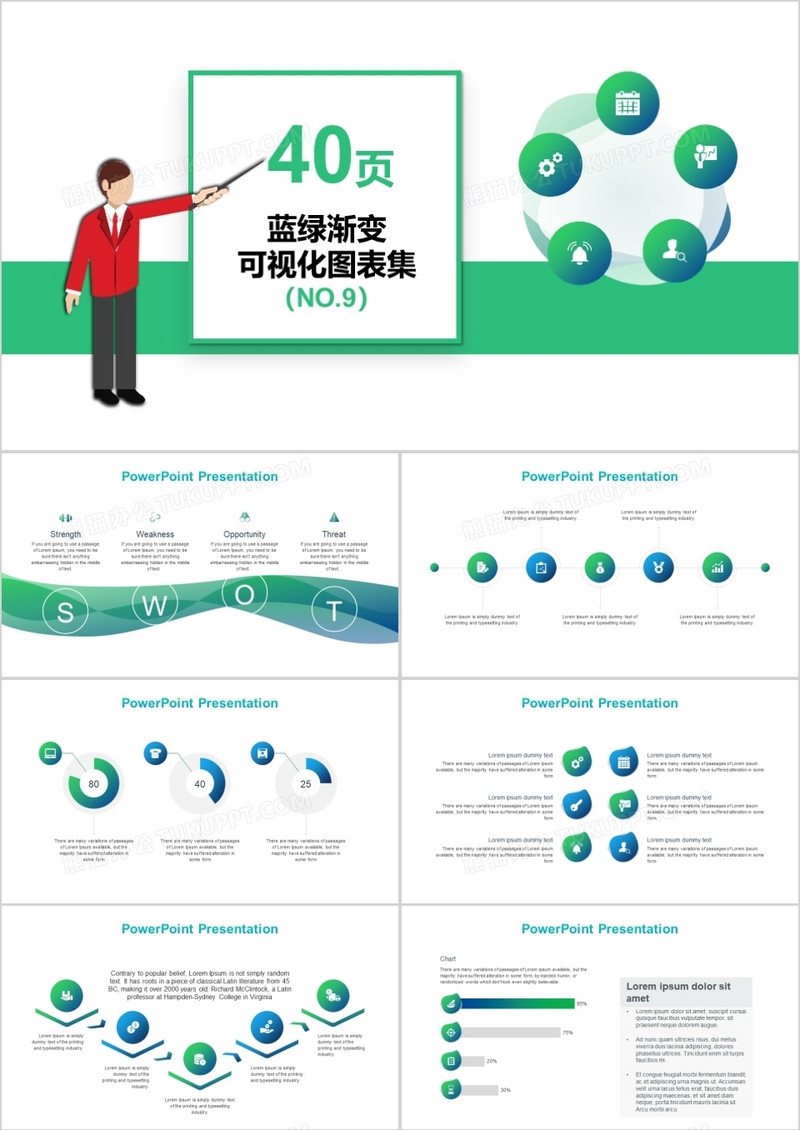 40页蓝绿渐变可视化图表集PPT模板