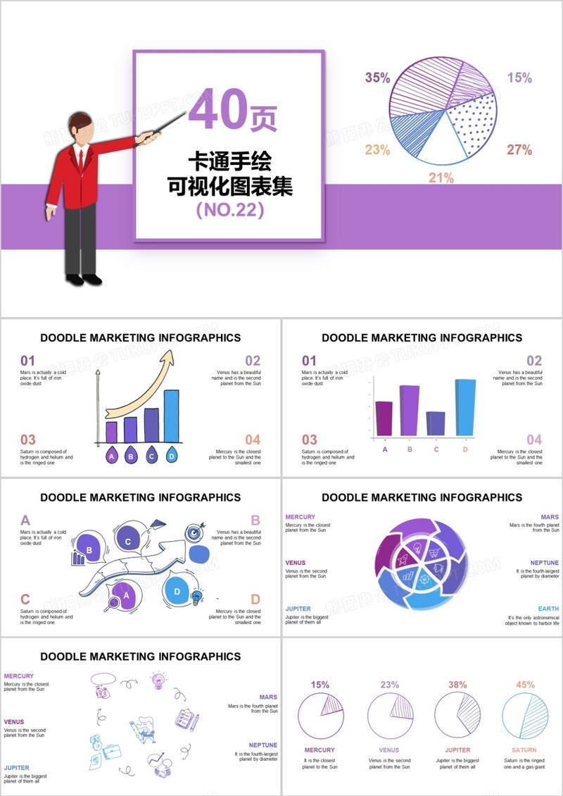 40页卡通手绘可视化图表集PPT模板
