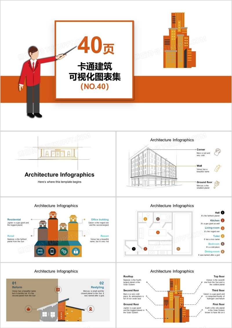 40页卡通建筑可视化图表集PPT模板