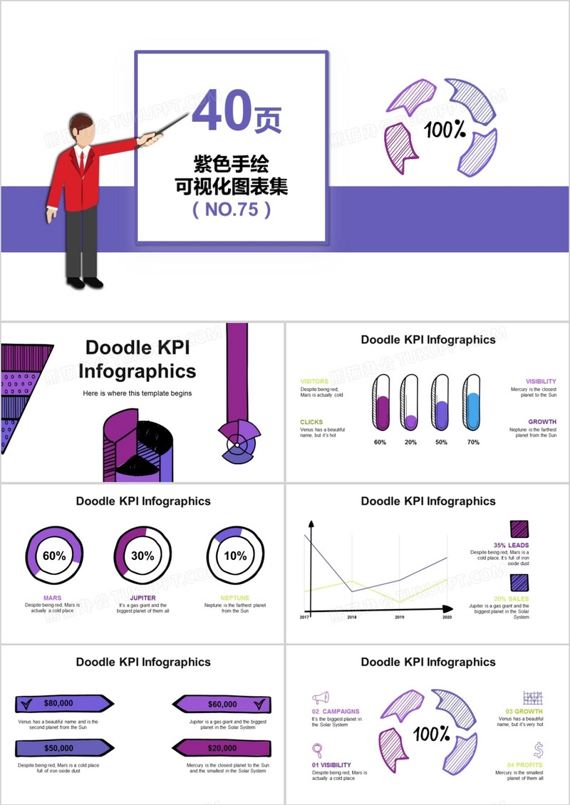 40页紫色手绘可视化图表集PPT模板