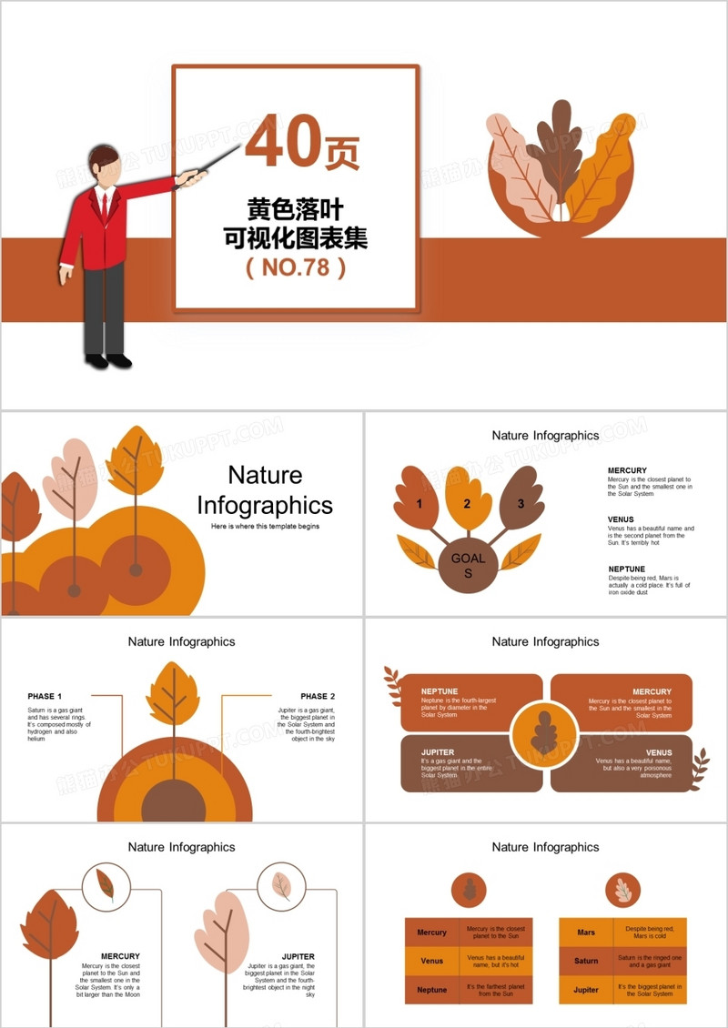 40页黄色落叶可视化图表集PPT模板