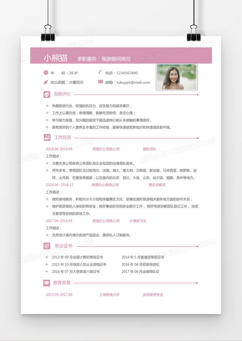 导游顾问1-2年经验经典粉色简历word模板