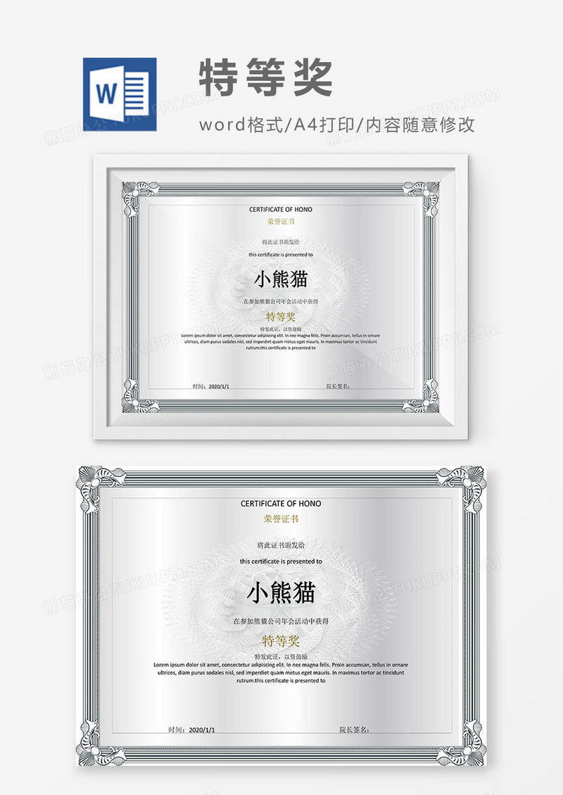 2019银色简约公司颁奖特等奖荣誉证书奖励Word模板