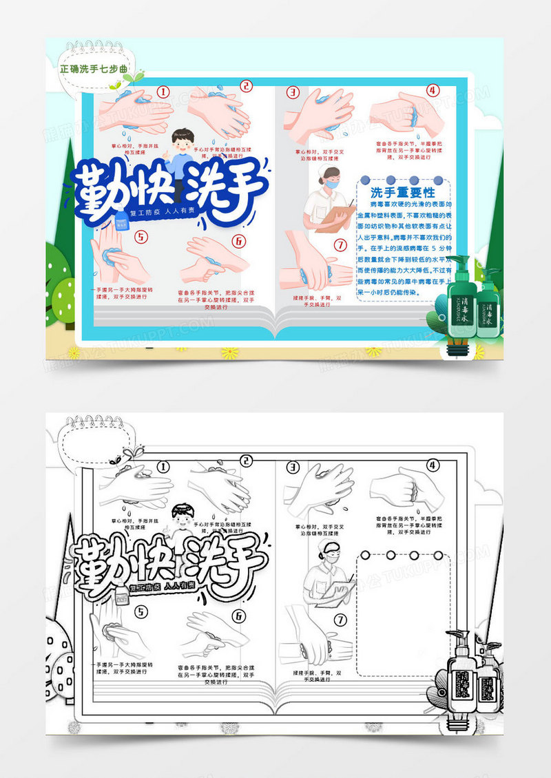 蓝色卡通勤洗手7步小报Word模板