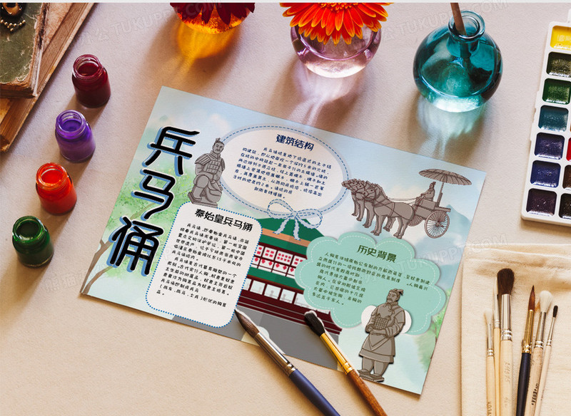 古风卡通西安兵马俑知识小报word模板