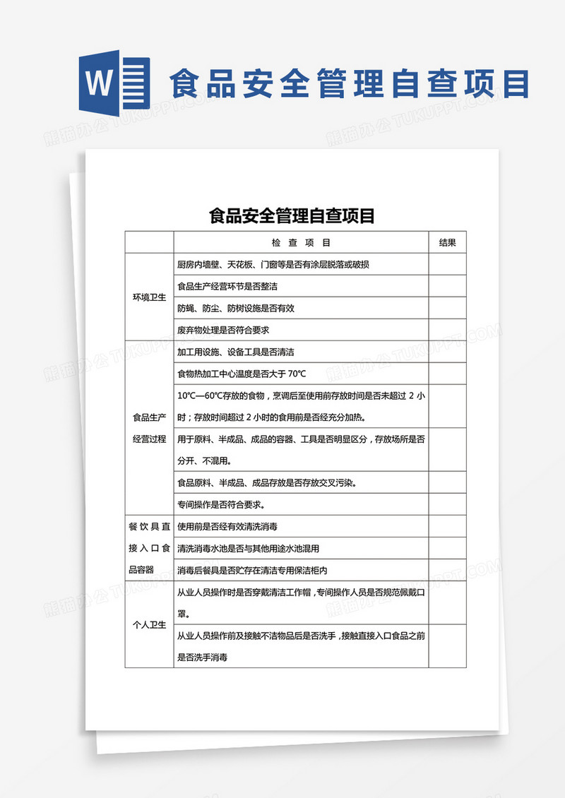 食品安全管理自查项目Word模板