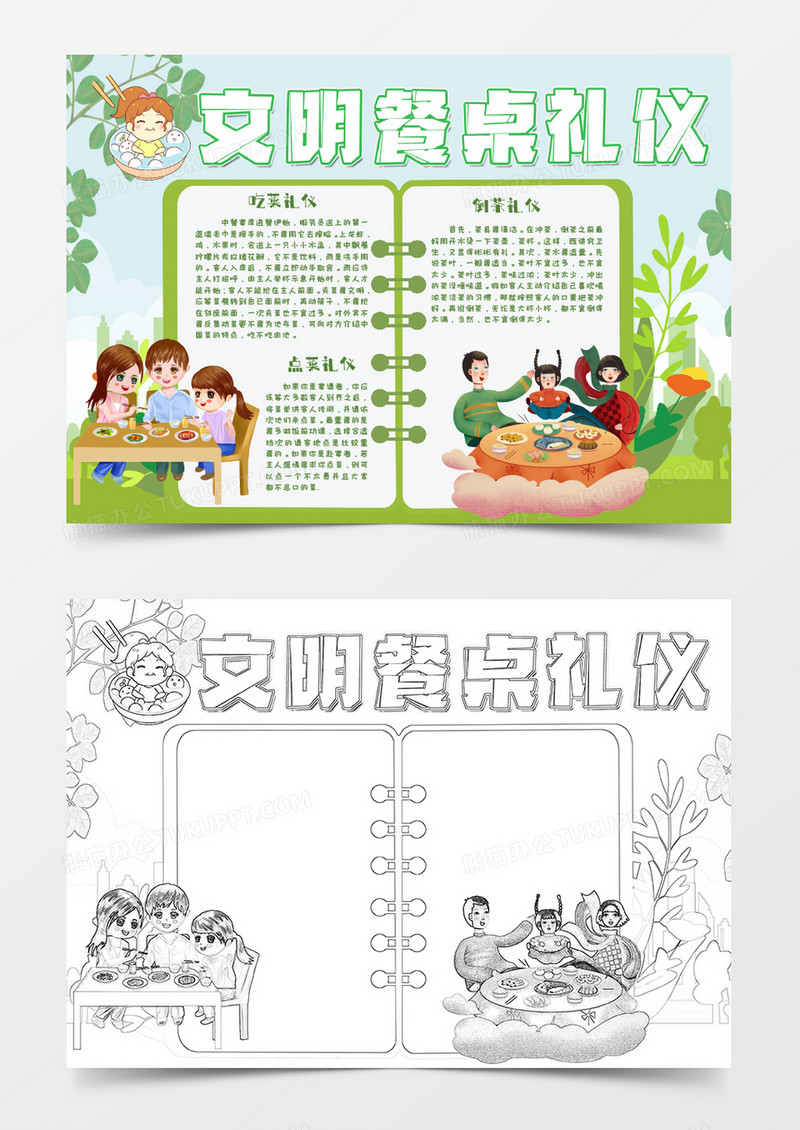 绿色卡通文明餐桌礼仪知识小报Word模板