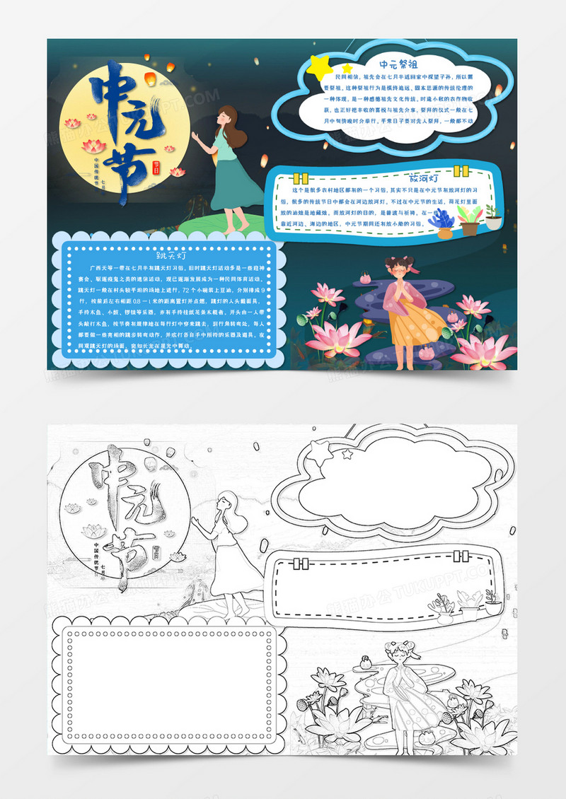卡通蓝色节日中元节文化习俗小报Word模板