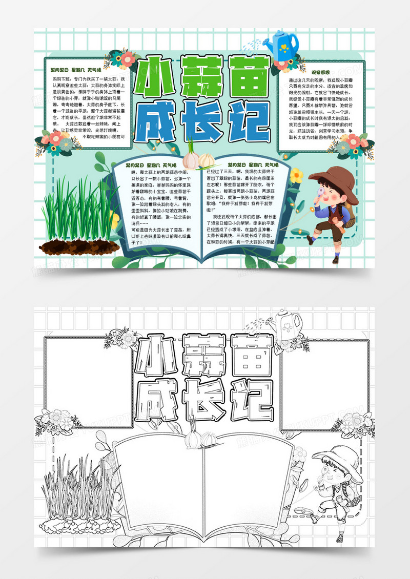 彩色卡通小蒜苗成长记小报Word模板