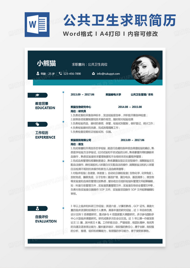 简约几何科研简历公共卫生岗位求职简历word模板