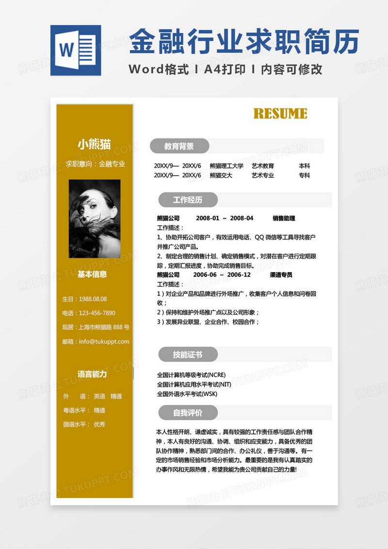 纯色简约版金融行业求职简历Word模板