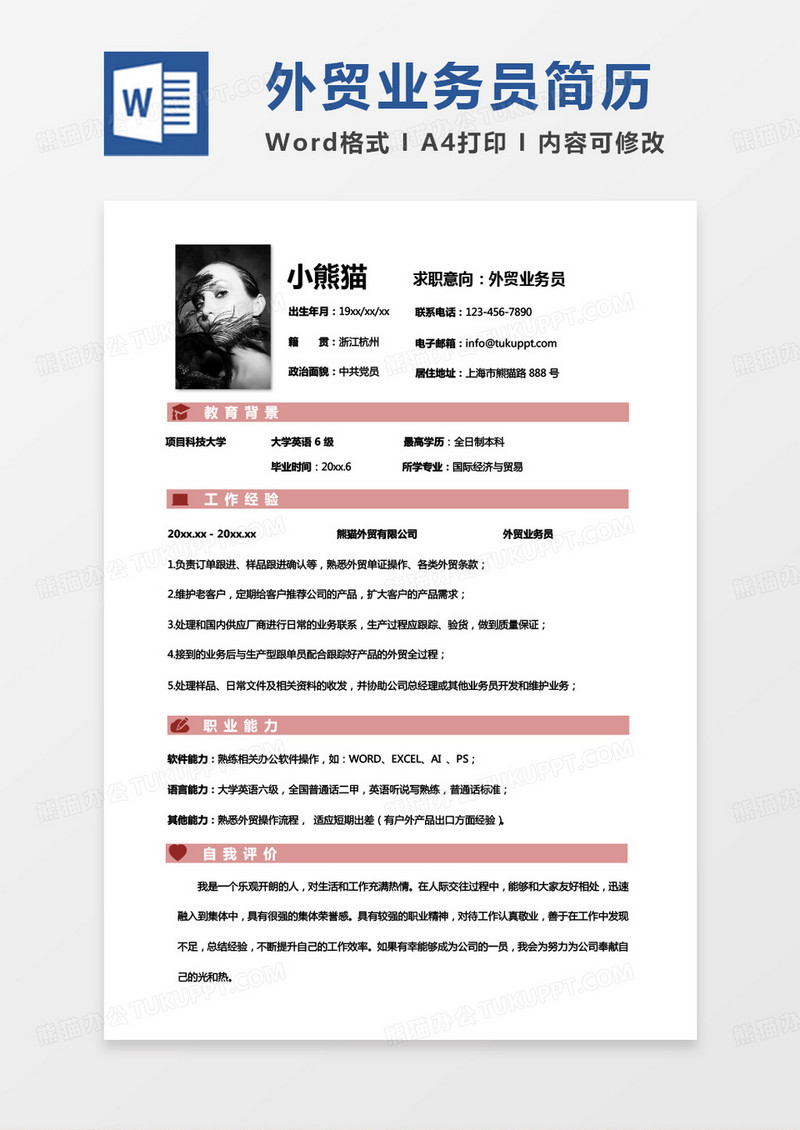 纯色简单版国际经济与贸易简历外贸业务员简历Word模板