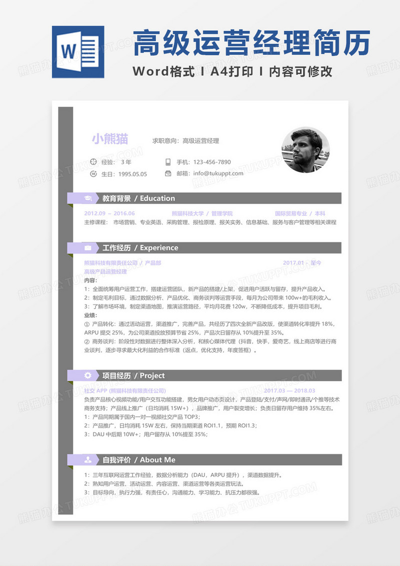 单页简单商务高级运营经理求职简历Word模板