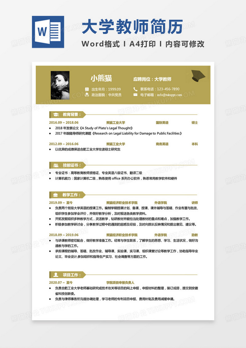 纯色商务大学教师求职范本Word模板