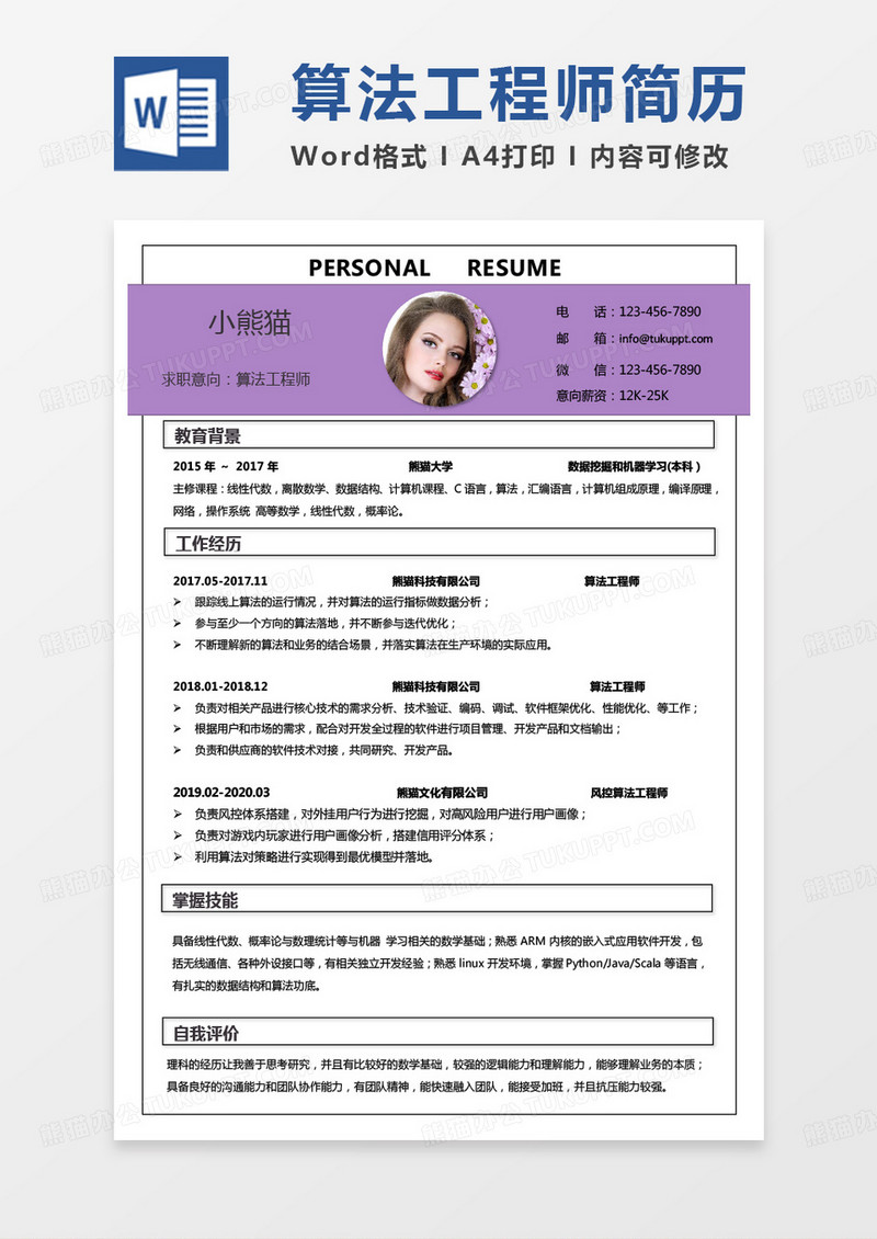 紫色算法工程师求职范本通用模板