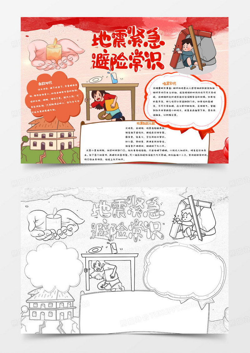 红色卡通地震紧急避险常识小报word模版