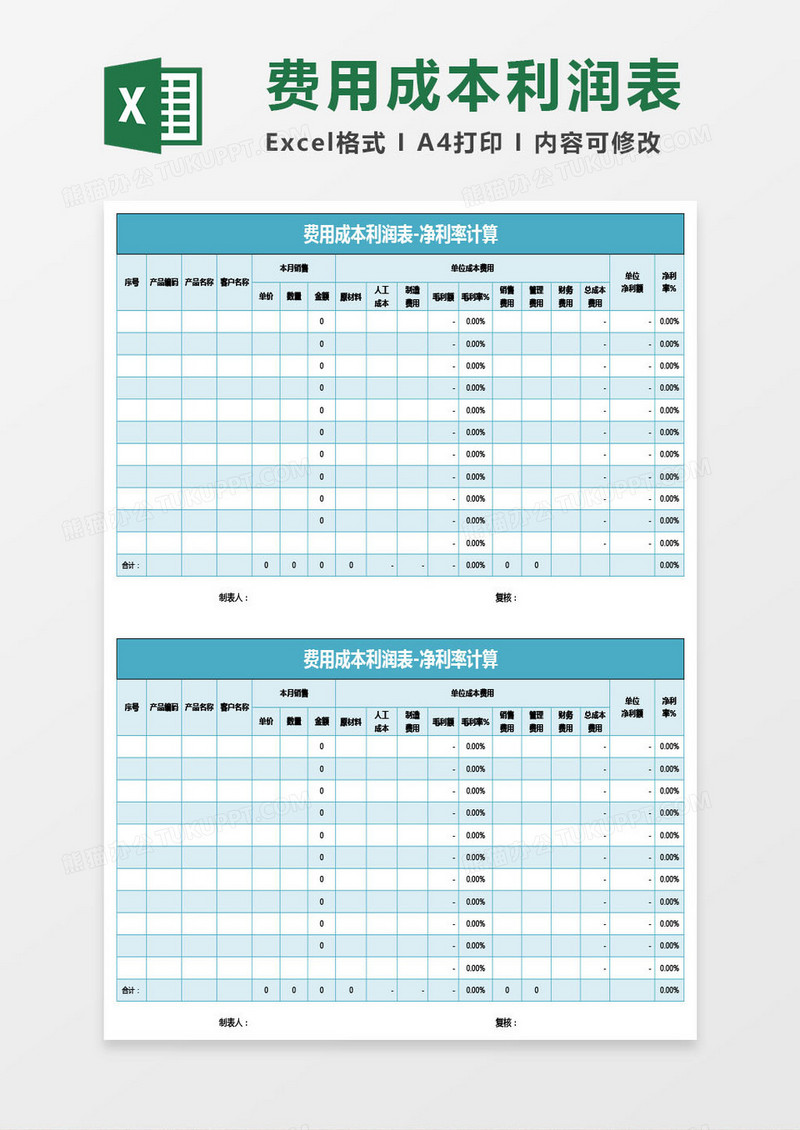 费用成本利润表净利率计算表Excel模板