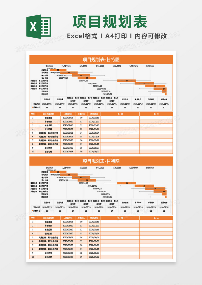 橘色项目规划表excel模板