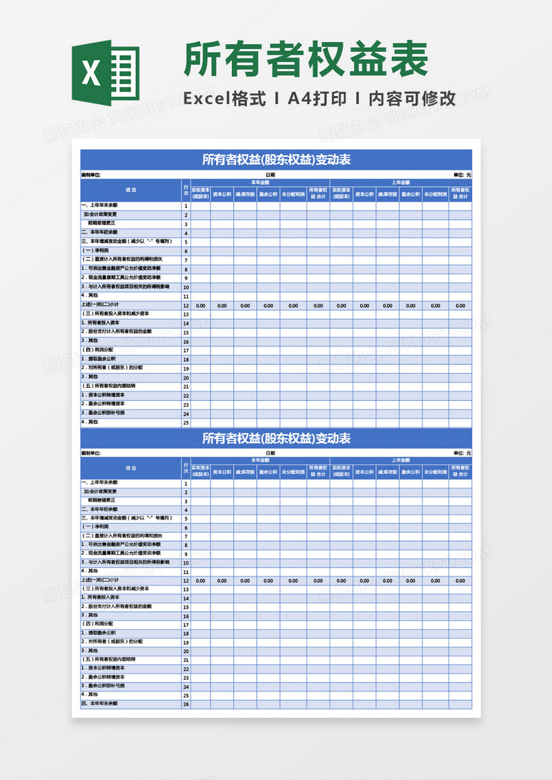 蓝色所有者权益(股东权益)变动表excel模板