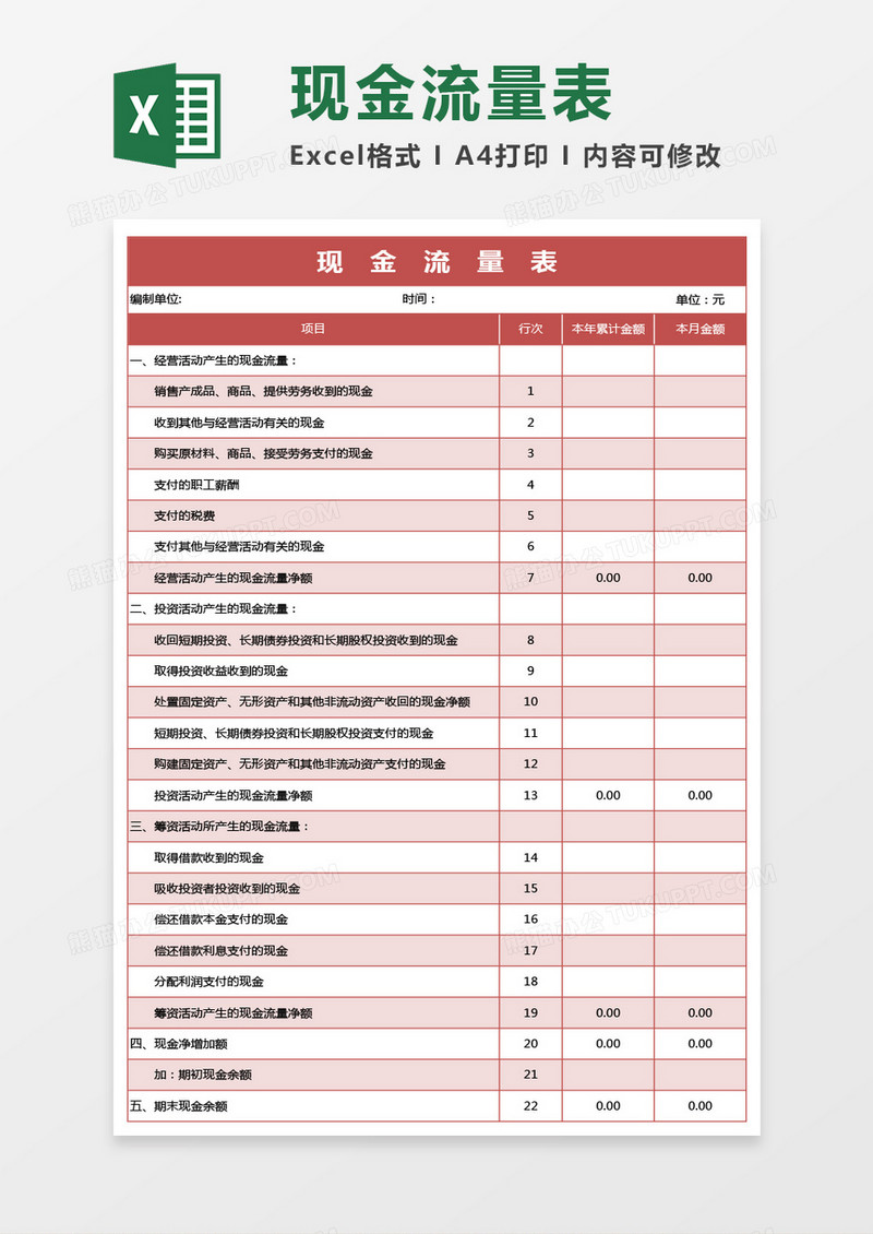 红色的现金流量表excel模板