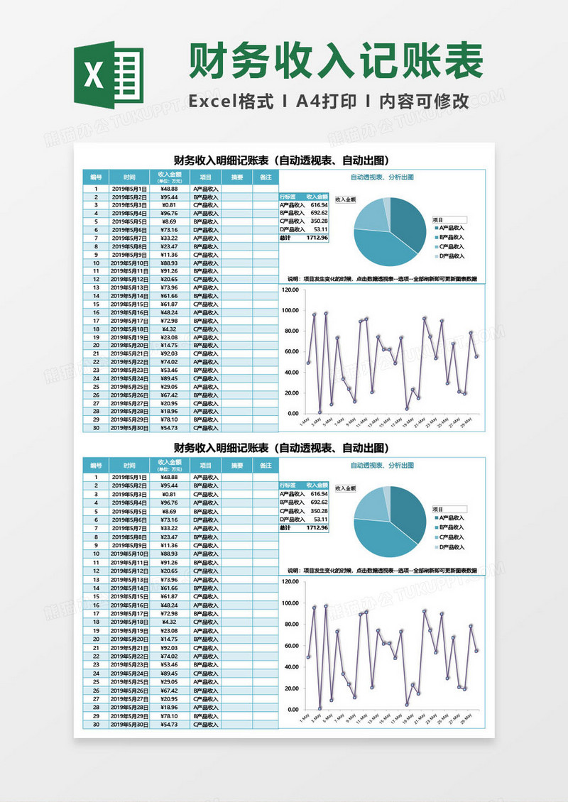 蓝绿色财务收入明细记账表（自动透视表、自动出图）excel模板
