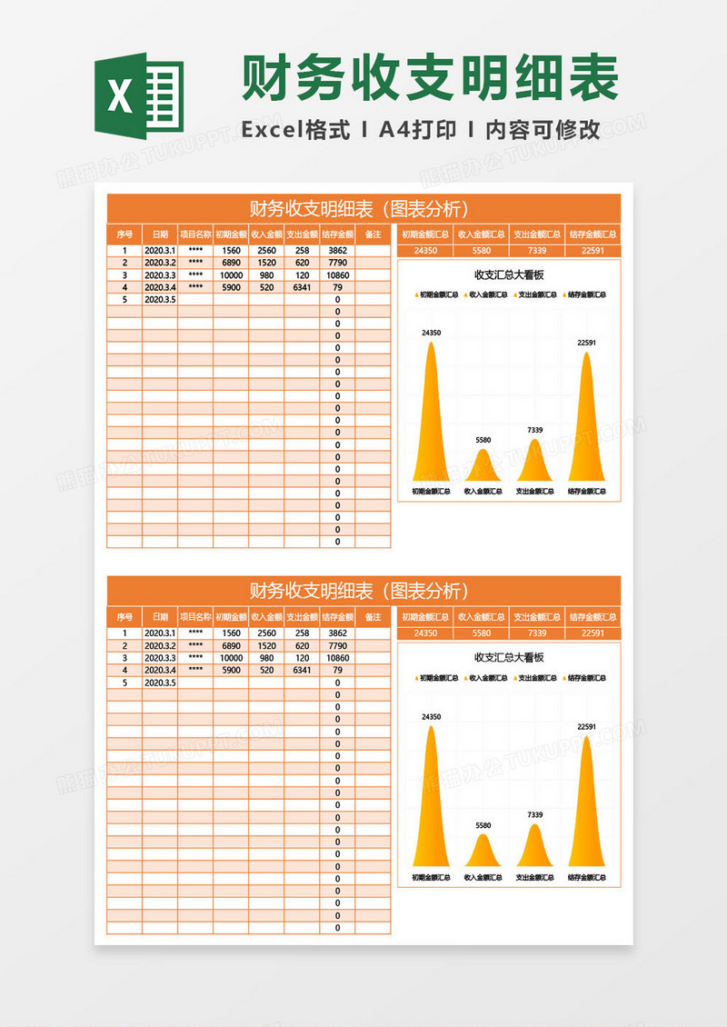 橙色财务收支明细表（图表分析）excel模板