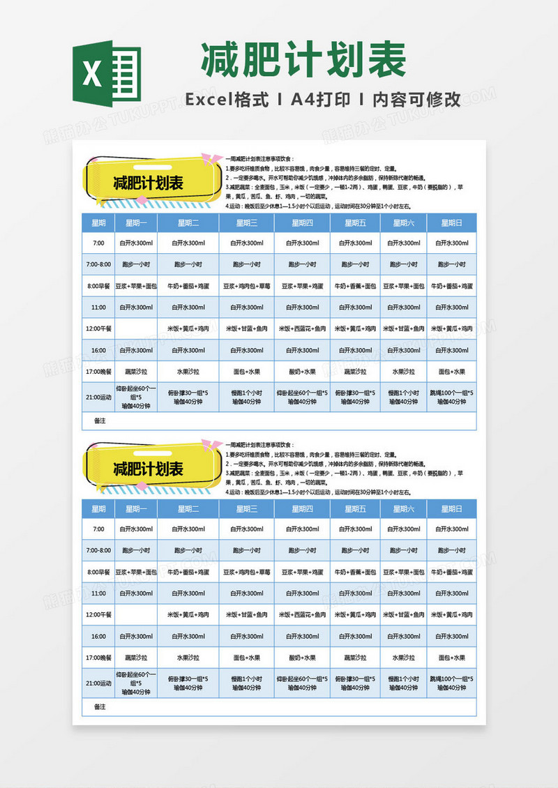 淡蓝色减肥计划表excel表格