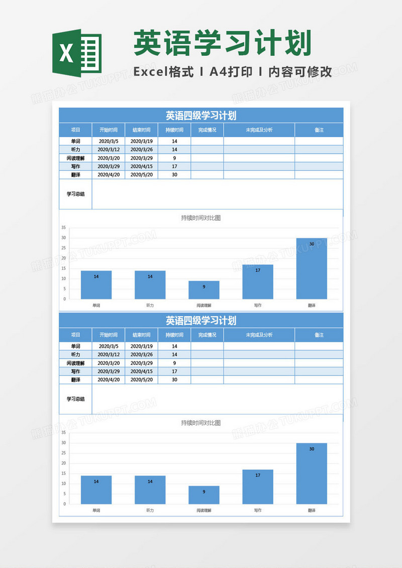 蓝色英语四级学习计划excel模板