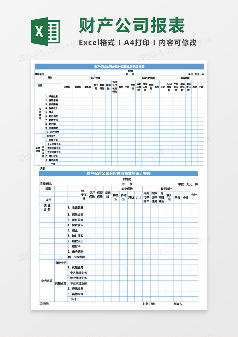 财产保险公司分险种监管业务统计报表excel模板